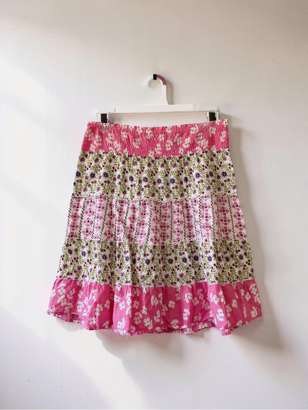 Pink Floral Tiered Smocked Skirt | Boho Cottagecore Ruffle Skirt Large - Picture 3 of 6